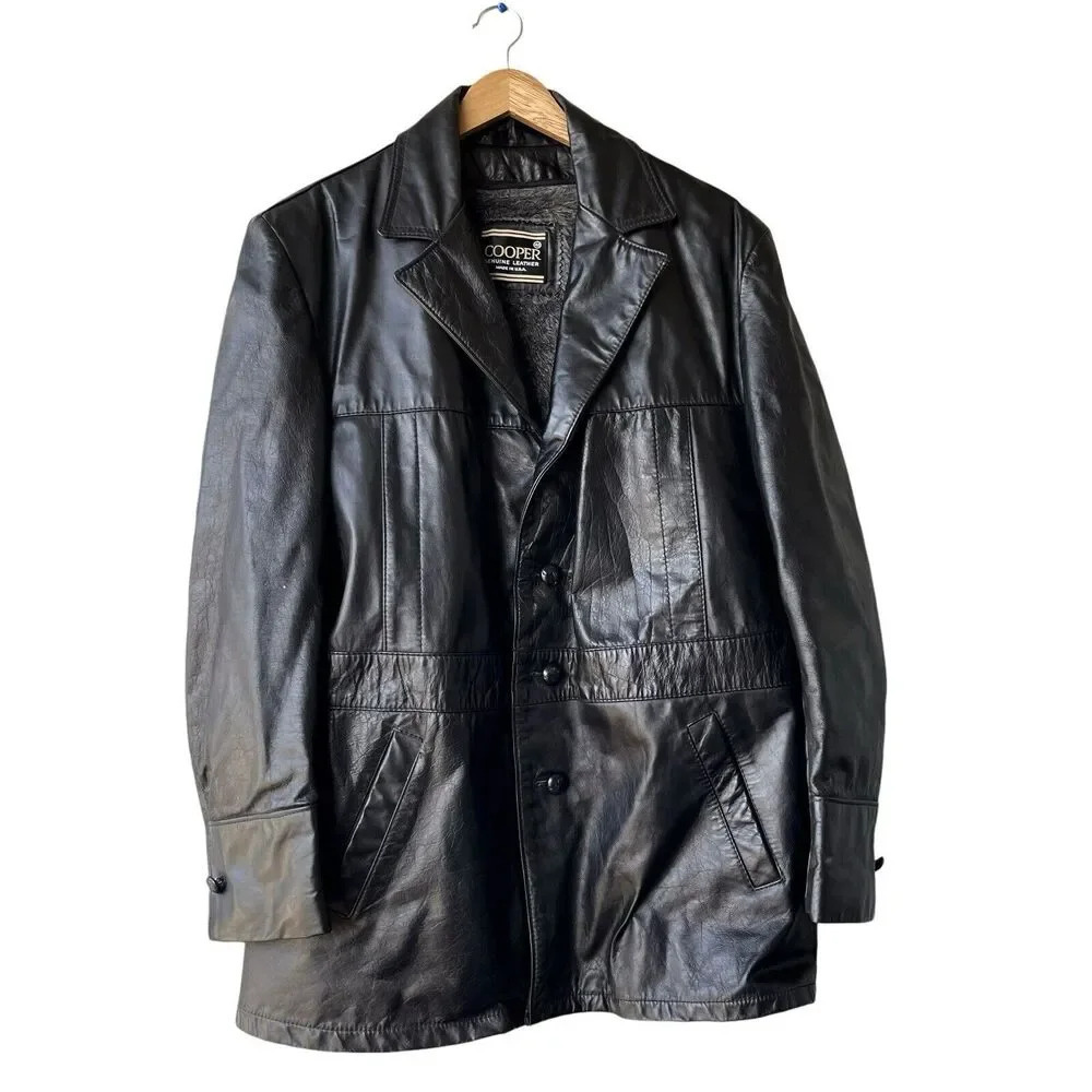 Vtg COOPER Genuine Leather Coat Size 42 Black Fuzzy Fleece Lined Mid Length USA